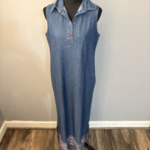 VTG Agapo Jean Maxi Denim Jumper Dress‎ Southwest Embroidered Hem Size M Modest